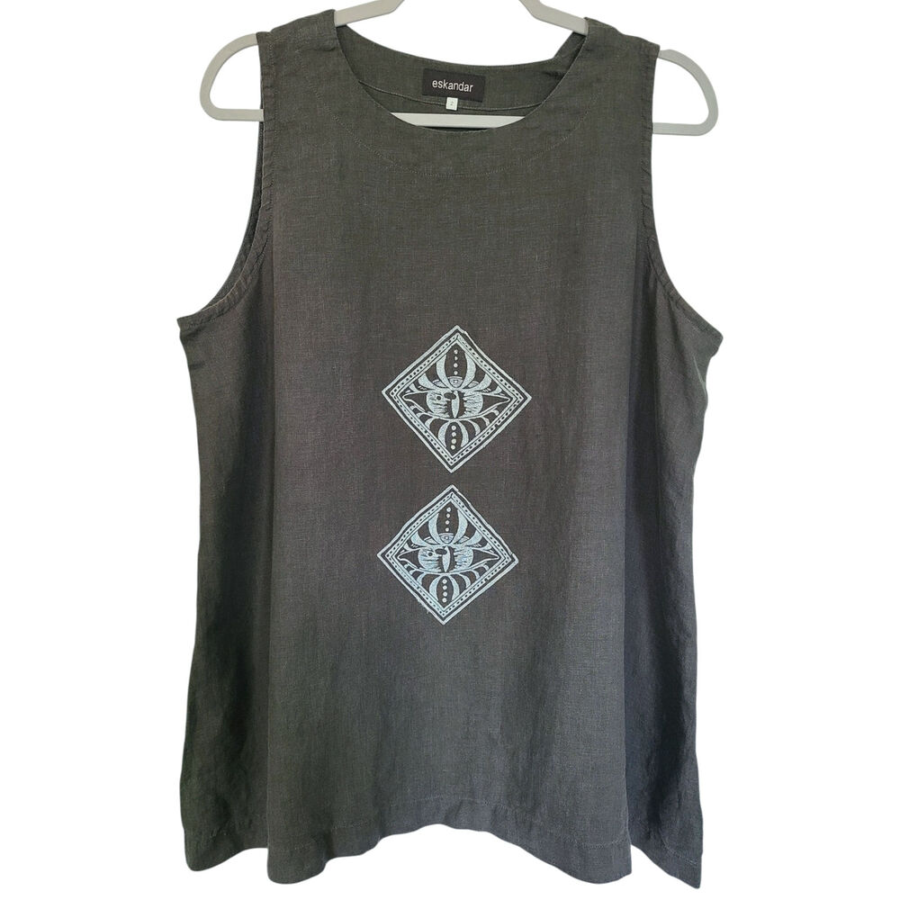 Eskandar Charcoal Linen Sleeveless Top Tank Lagenlook Size 2 M/L